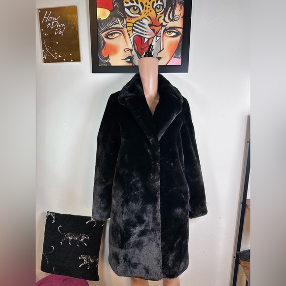 New Lovers and Friends Romy Coat in Black fur knee length midi jacket